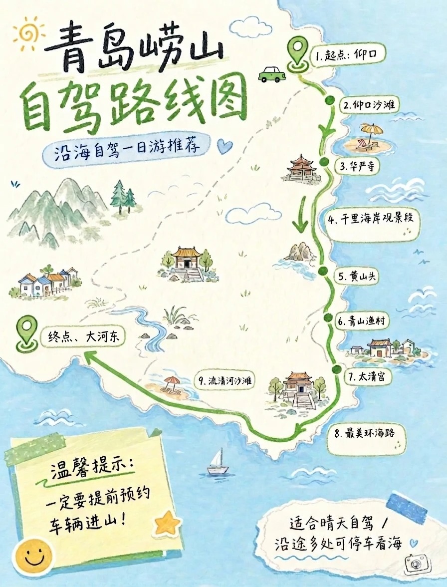 崂山自驾手绘地图